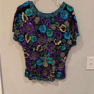 Elegant Floral Sequin Top - Purple, Blue, Gold